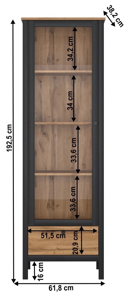 Vitrína Lorcan 1w1s (dub wotan + čierna). Vlastná spoľahlivá doprava až k Vám domov. 1065276