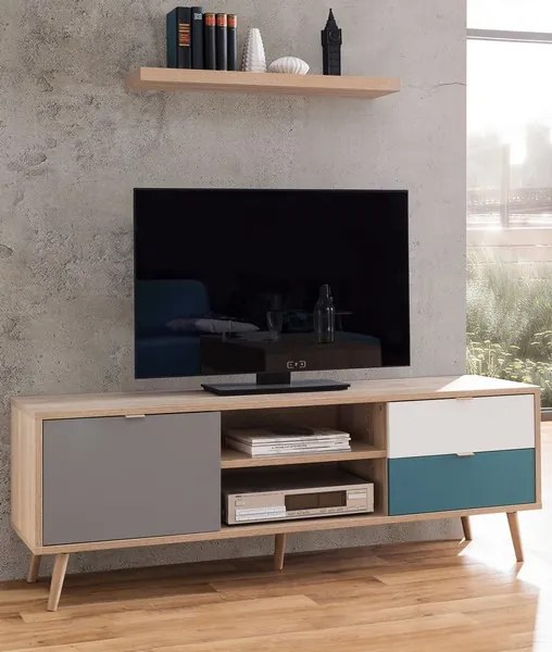 TV skrinka Cuba, dub/biela/šedá/petrolejová