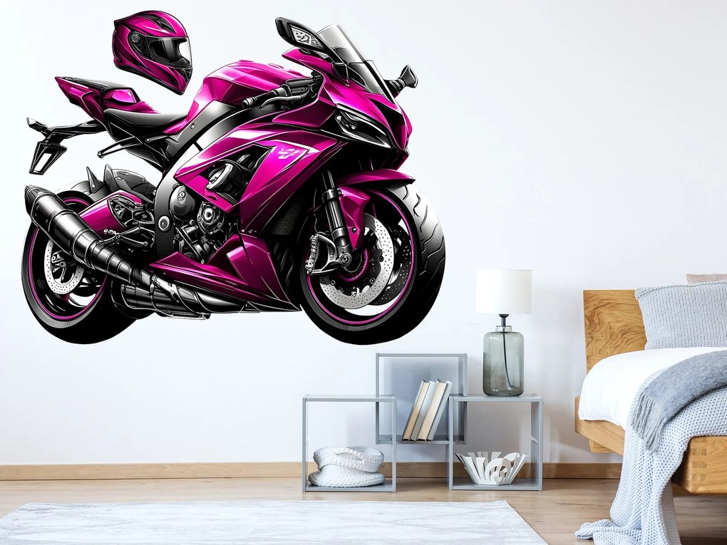 Ružová motorka textilní prelepiteľná nálepka na stenu hárok 45 x 35 cm