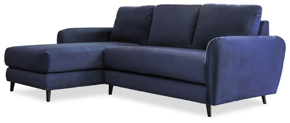 Námornícky modrá zamatová rohová pohovka s podnožkou Miuform Cosy Claire, ľavý roh