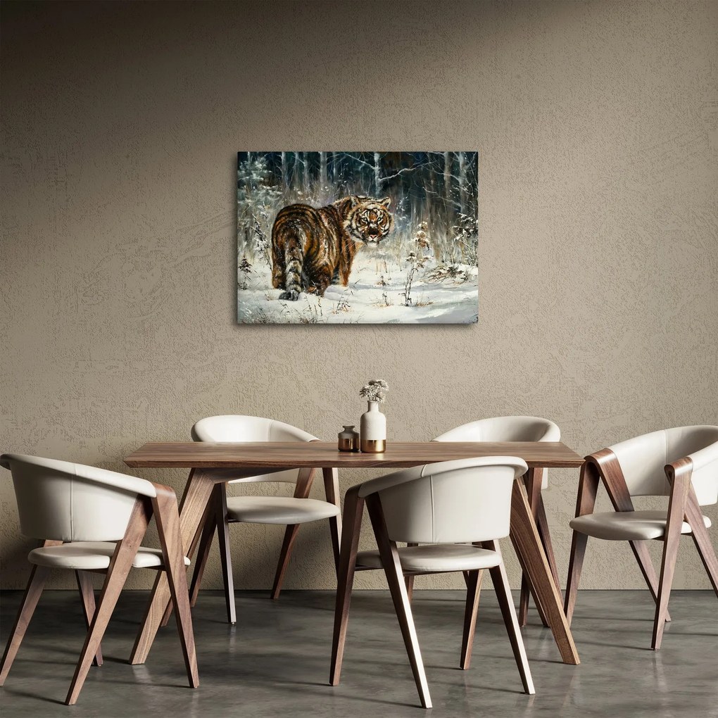 Obraz - Tiger v zasneženom lese, olejomaľba (70x50 cm)