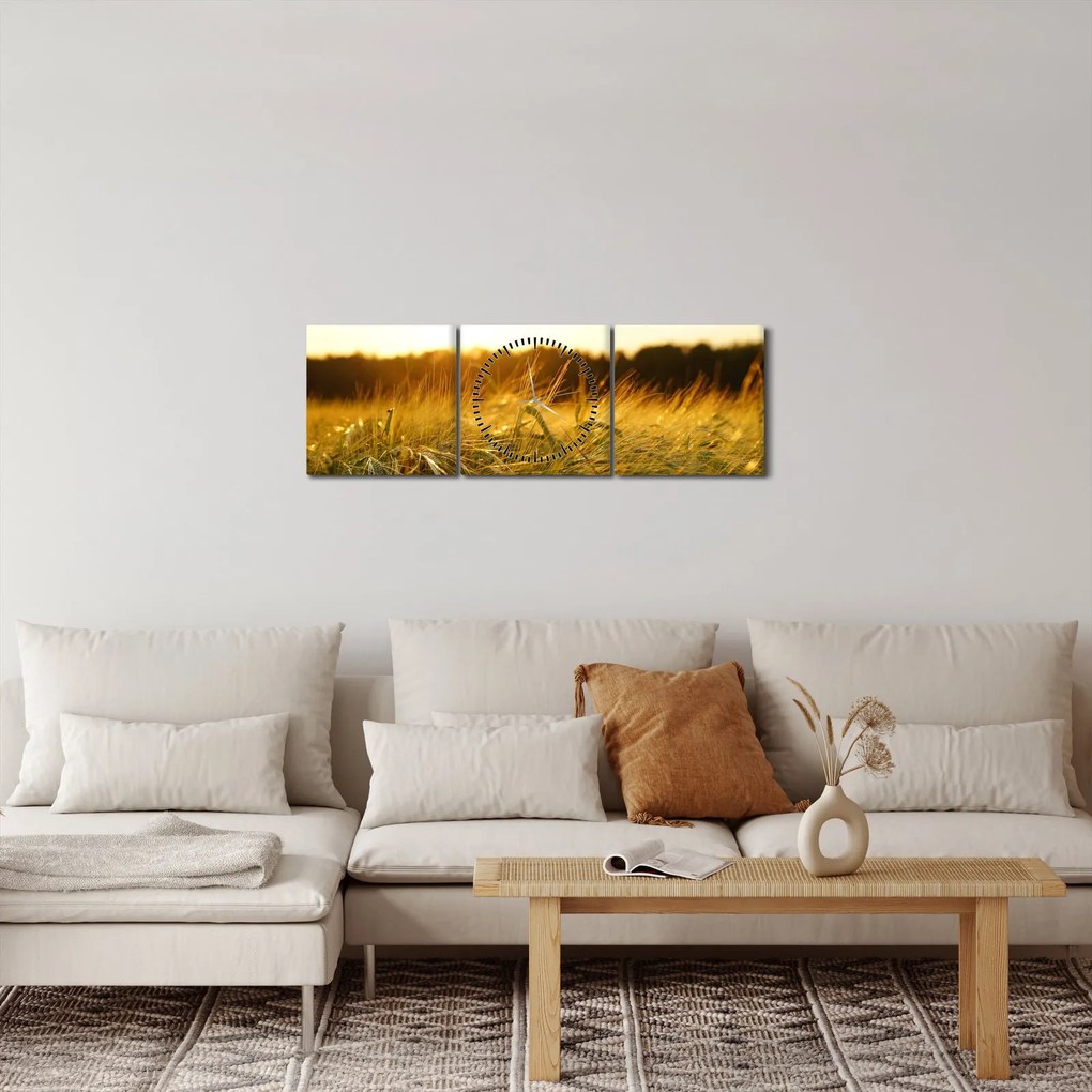 Obraz orosenej trávy (s hodinami) (90x30 cm)