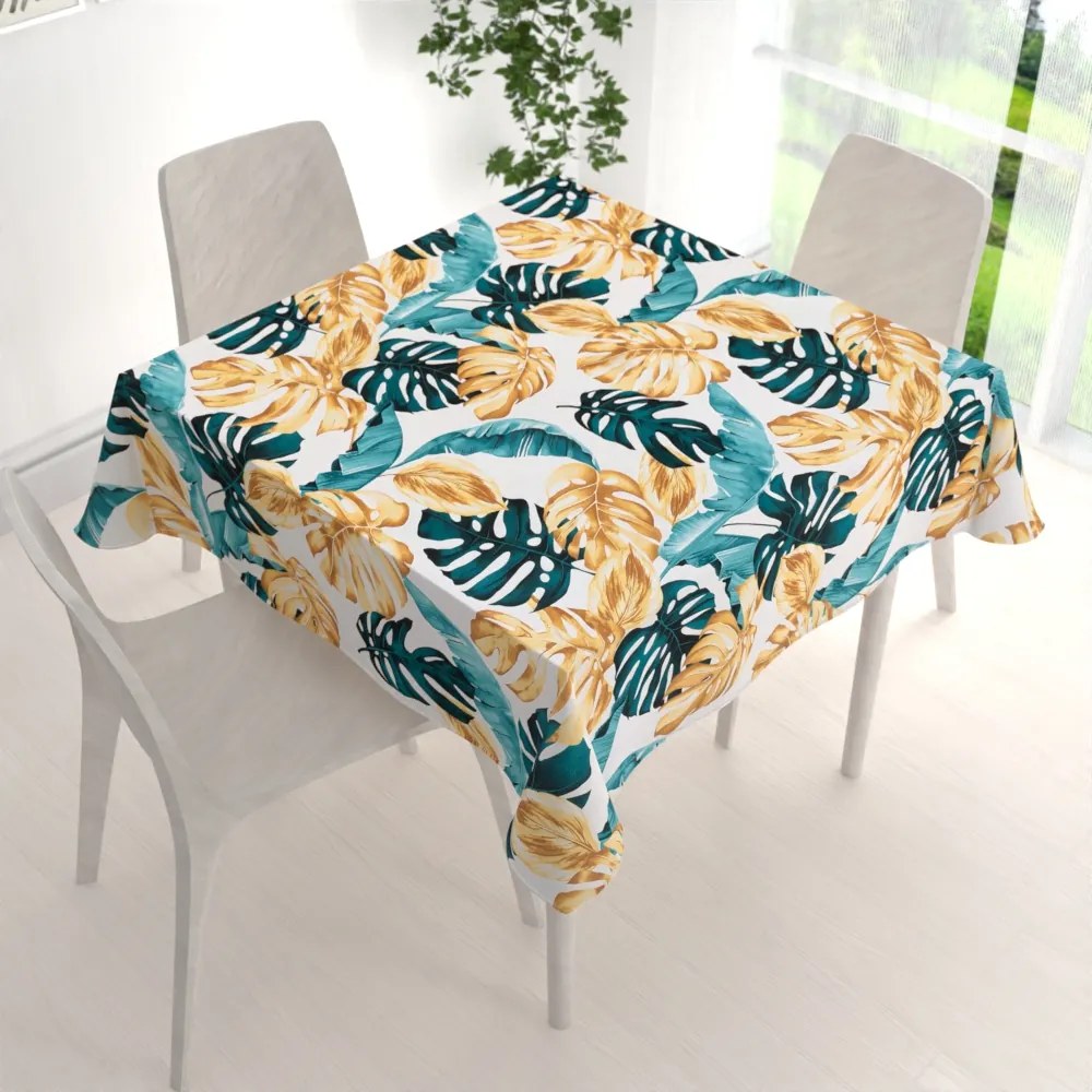 Biante Bavlnený štvorcový obrus Sandra SA-500 Modrozelené a zlaté tropické listy 120x120 cm