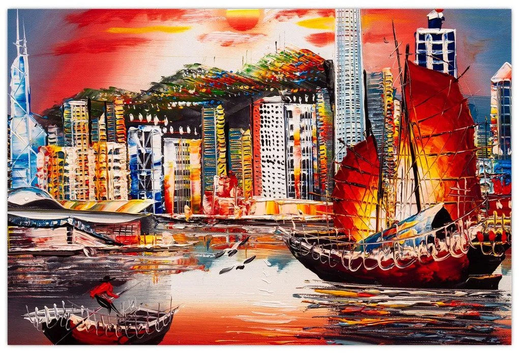 Obrázok - Victoria Harbor, Hong Kong, olejomaľba (90x60 cm)