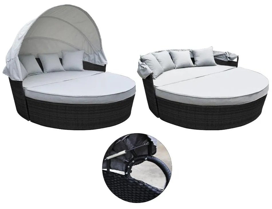 Záhradné ratanové ležadlo so strieškou, sofa Avenberg SAVOY - čierna