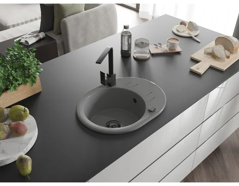 Mexen Kevin, drez granitový 586x458x190 mm, 1-komorový a čierna matná batéria Rita, šedá, 6517-71-670300-70-B