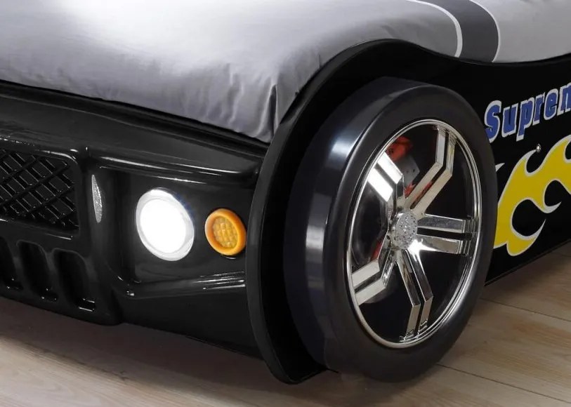 Detská závodná posteľ Energy 90x200 cm, čierne auto s osvetlením