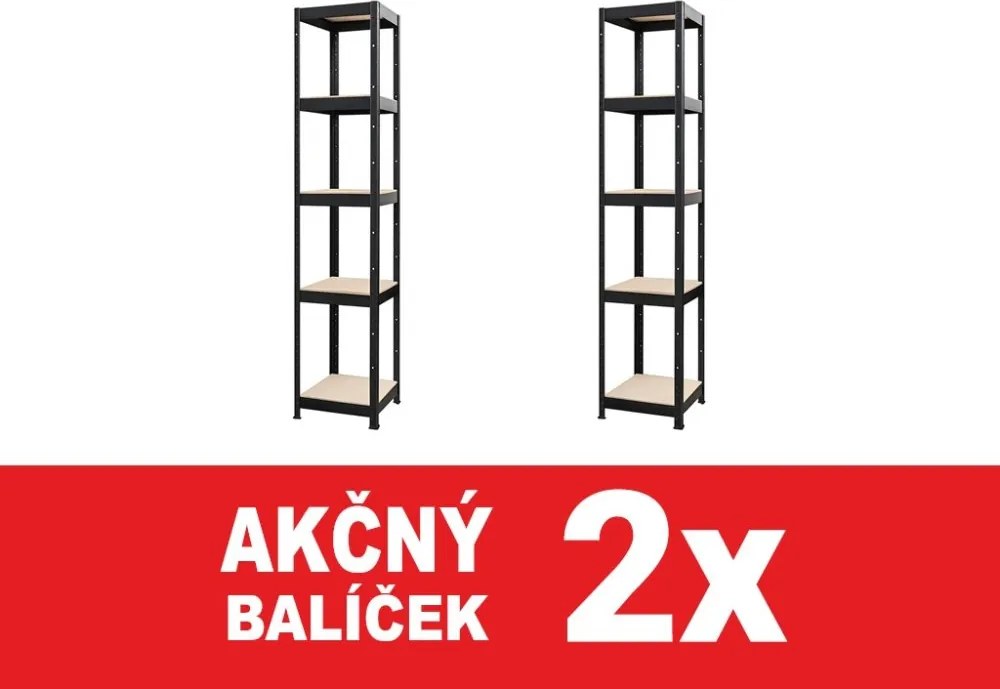 Akcia 2x Regál 180x75x40 cm lakovaný 5-policový, nosnosť 875 kg - čierny - 2ks