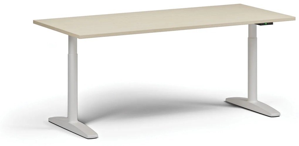Výškovo nastaviteľný stôl OBOL, elektrický, 675-1325 mm, doska 1800x800 mm, biela zaoblená podnož, breza