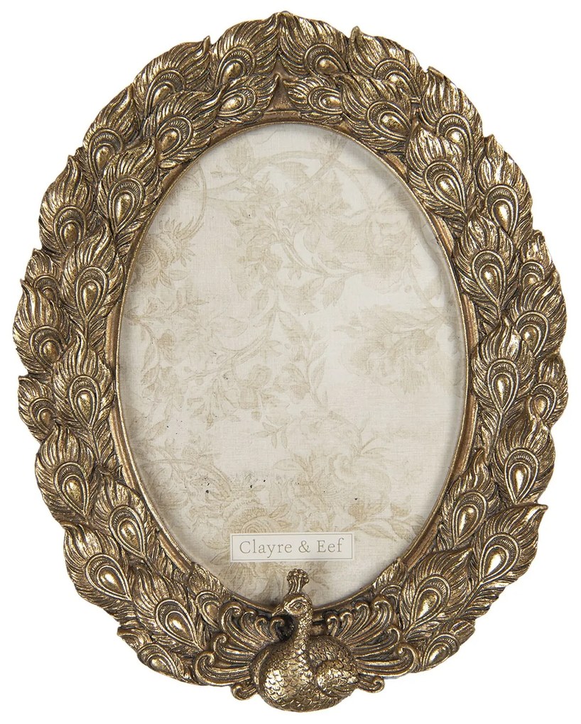 Zlatý oválny fotorámik s pávom - 18 * 2 * 23 cm / 13 * 18 cm