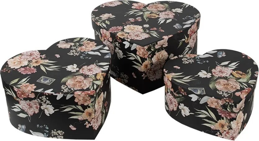 3ks čierny box s kvetmi v tvare srdca - 28*26*14/24*23*12/21*20*10 cm