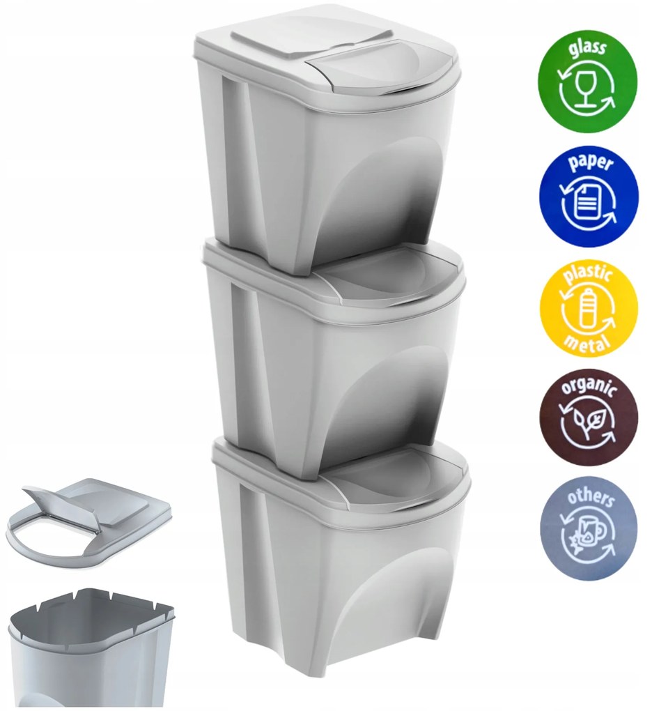 Odpadkové koše na triedenie odpadu, 3x25l SORTIBOX XL, popolavo sivá