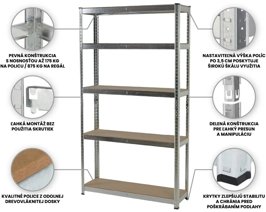 Fistar Regál 1800x1200x400 mm kovový zinkovaný 5-policový, nosnosť 875 kg