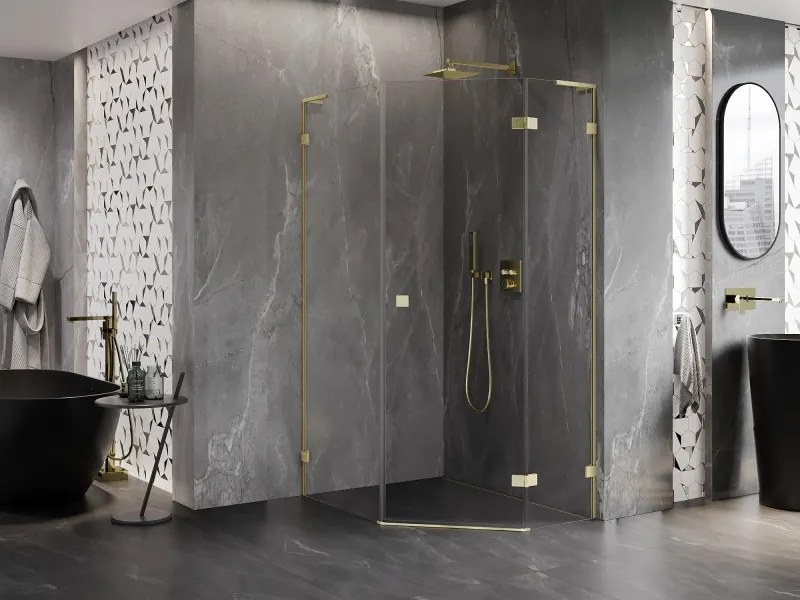 Mexen Lunar, L pravý výklopný päťuholníkový sprchový kút 80 x 90 cm, 8mm číre sklo, zlatý matný profil, 831L-080P-090L-55-00-P