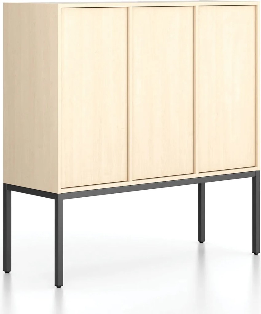 Kancelárska skriňa FRAME, nízka, čierna podnož, 3x dvere, 1299 x 450 x 1331 mm, PUSH-lock, breza