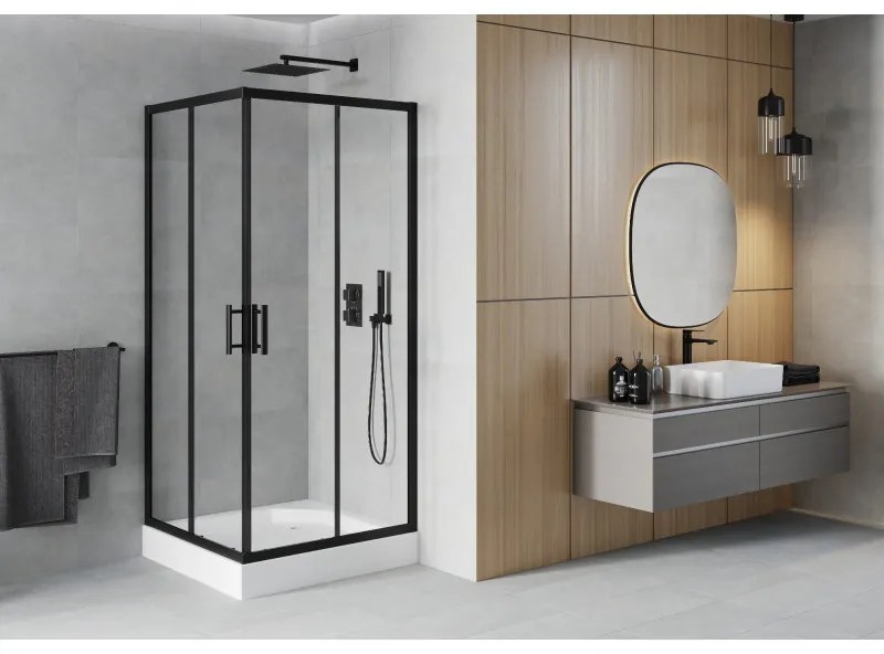 Mexen Rio, štvorcový sprchovací kút s posuvnými dverami 90 x 90 cm, 6mm číre sklo, čierny profil + biela vysoká vanička Rio, 860-090-090-70-00-4510