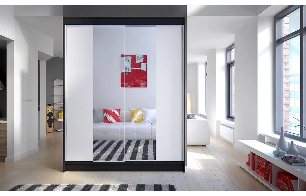 Skriňa s posuvnými dverami Belgia II, Farby: čierna / biela + zrkadlo, Osvetlenie: osvetlenie LED RGB - farebné