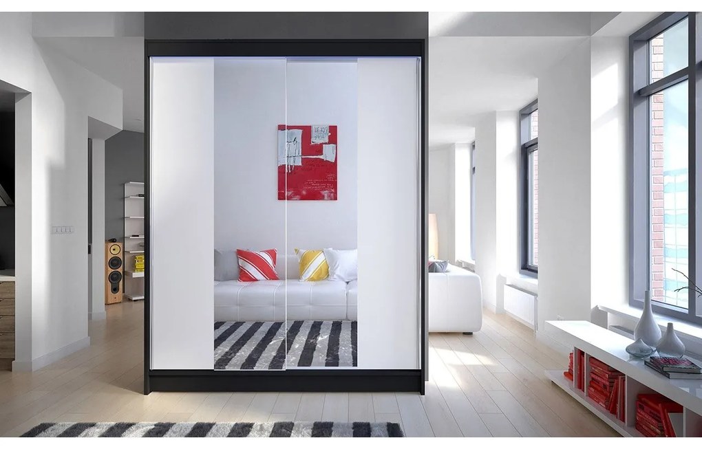 Skriňa s posuvnými dverami Belgia II, Farby: čierna / čierna + zrkadlo, Osvetlenie: osvetlenie LED RGB - farebné