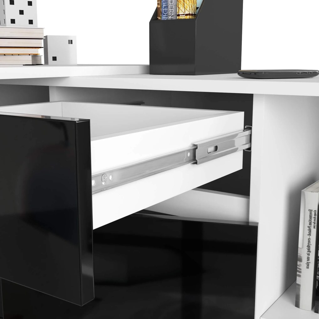 Rohový psací stůl B-17 s komodou bílý/černý lesk