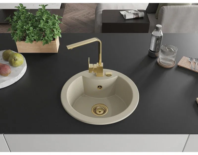 Mexen Diego, 1-komorový granitový drez 488x488x167 mm, zlatý sifón, zlatá lesklá batéria Rita, béžová, 6512-69-670300-50
