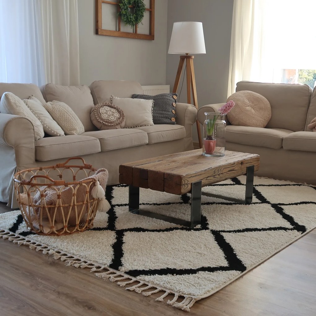 Koberec BERBER CROSS, biely, strapce, Maroko Shaggy