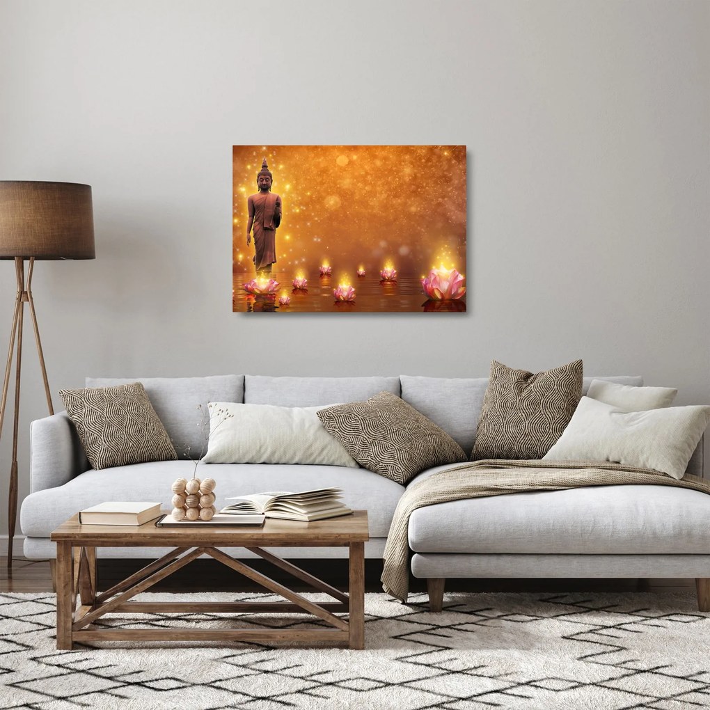 Sklenený obraz - Budha v zlatom lesku (70x50 cm)