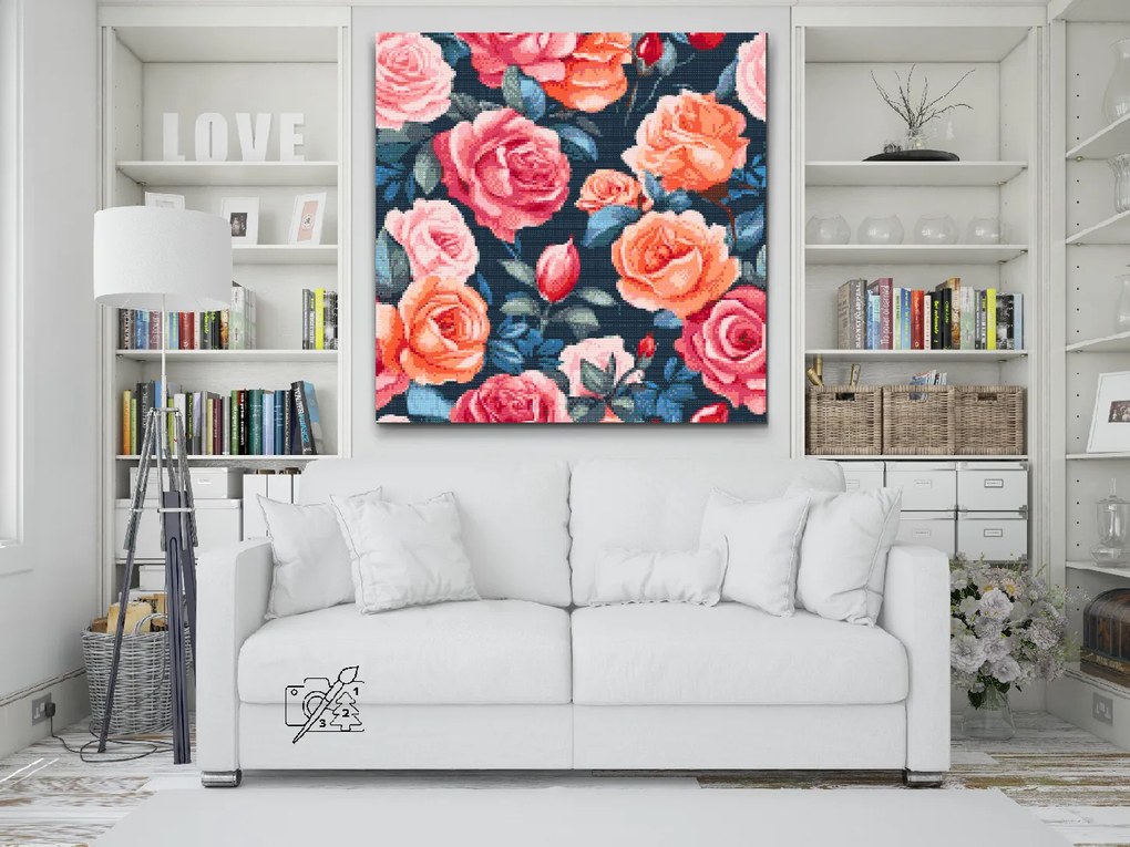 Gario Diamantové maľovanie Kvetinové pozadie Ruže Rozmery: 50 x 50 cm, Rámovanie: Iba zrolované plátno, Diamanty: Štvorcové