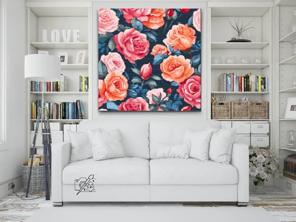 Gario Diamantové maľovanie Kvetinové pozadie Ruže Rozmery: 80 x 80 cm, Rámovanie: S vnútorným rámom, Diamanty: Štvorcové