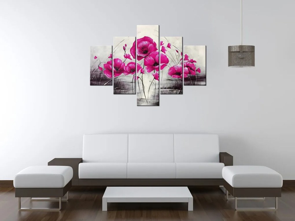 Gario Ručne maľovaný obraz Ružové Vlčie maky - 5 dielny Rozmery: 150 x 105 cm