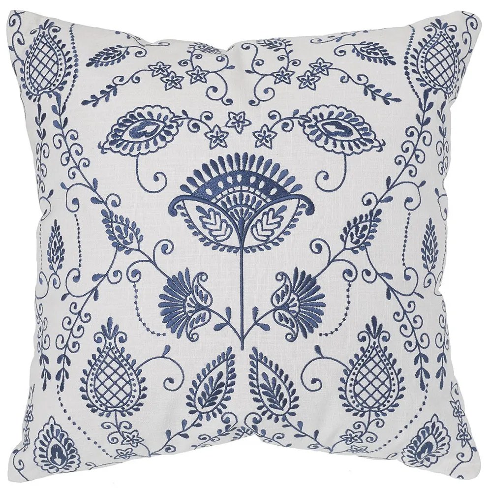 Bielo - modrý vankúš s vyšívanými kvetmi Flora - 50*50 cm