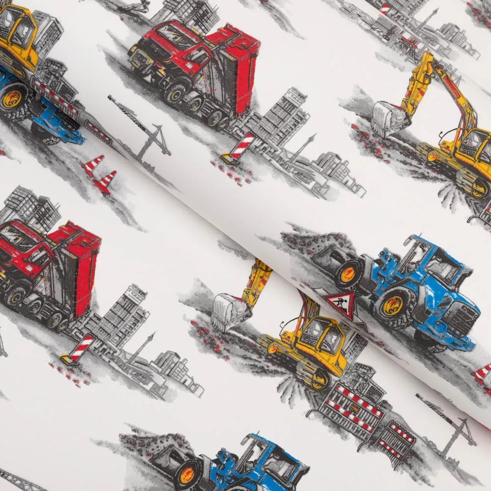 Biante Detský bavlnený obdĺžnikový obrus Sandra SA-578 Nákladiaky a bagre na bielom 120x200 cm