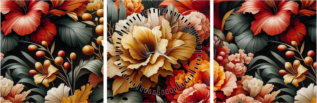 Obraz - Oranžovo-červené kvety (s hodinami) (90x30 cm)