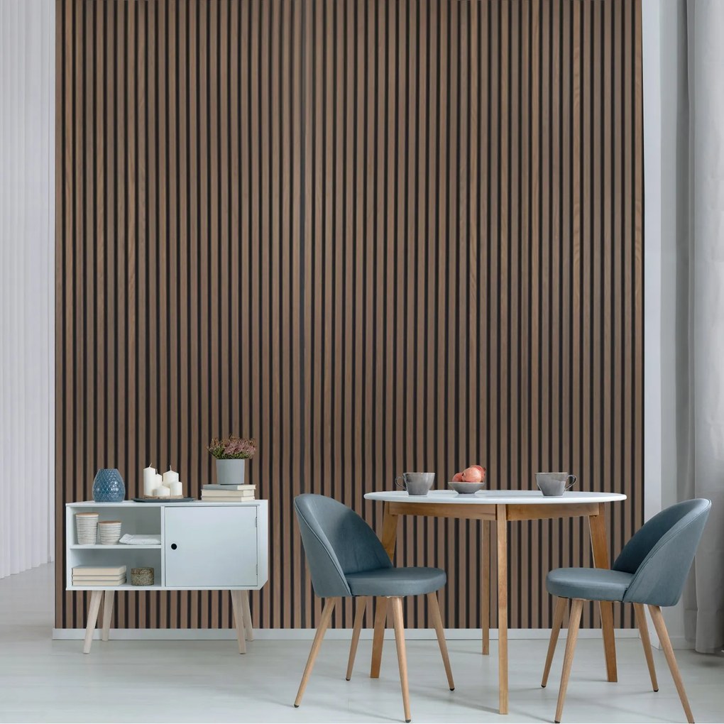 Drevený akustický panel, 2400 x 600 mm, čierny podklad, balenie 5 ks, orech