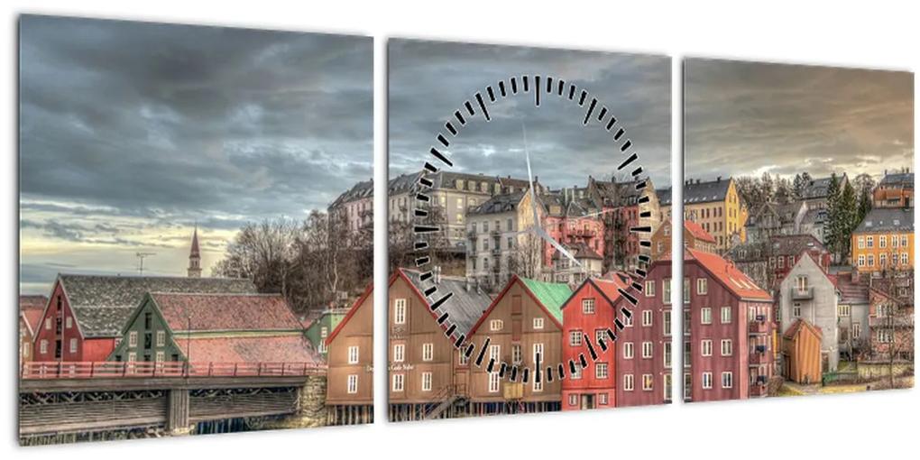 Obraz - Domy pri rieke (s hodinami) (90x30 cm)