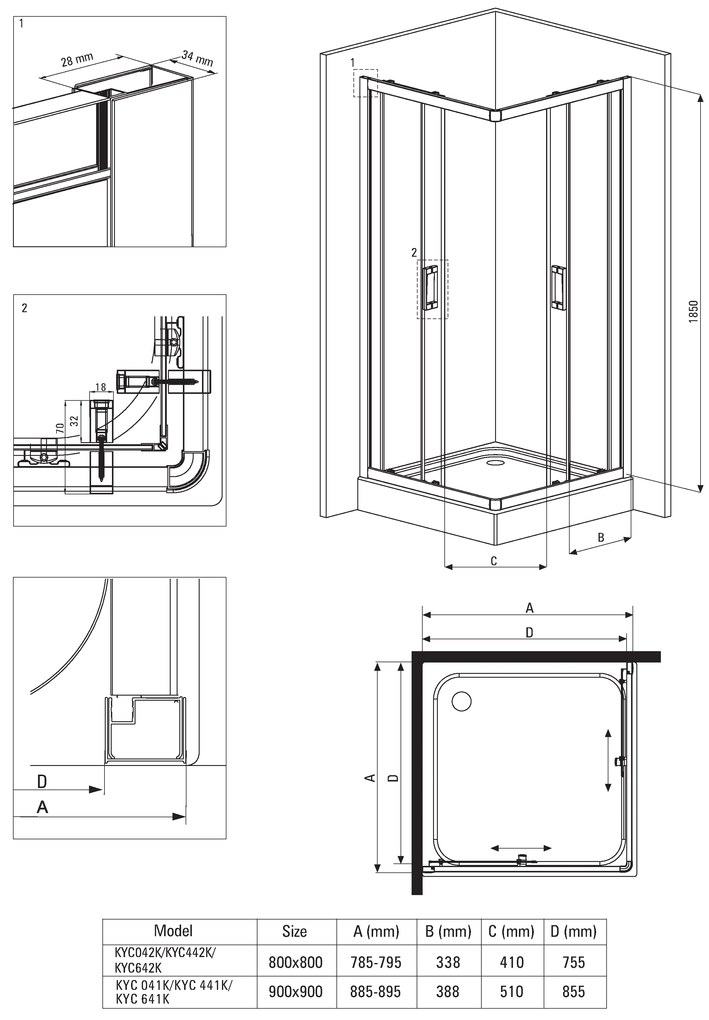 Deante Funkia, štvorcový sprchový kút 90x90 cm, výška 185cm, 5mm číre sklo, chrómový profil, KYC_041K