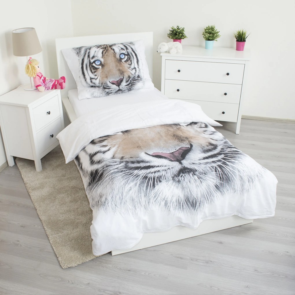 Jerry Fabrics Bavlnené obliečky 140x200 + 70x90 cm - Biely tiger