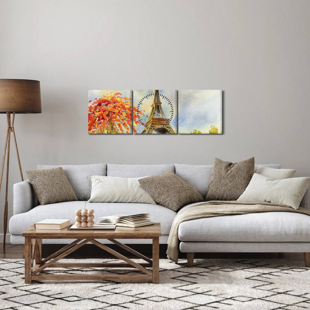 Maľovaný obraz Eiffelovej veže (s hodinami) (90x30 cm)