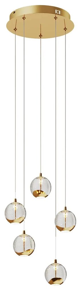 LED závesná lampa Hayley, sklená, 5 svetiel, zlatá