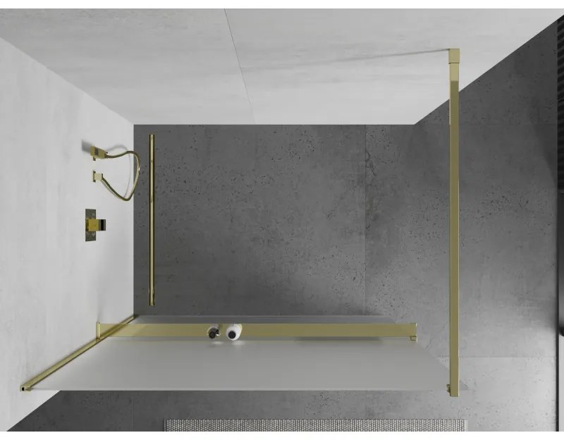 Mexen Kioto+, sprchová zástena s poličkou a držiakom na uteráky 120 x 200 cm, 8mm námraza sklo, zlatý profil, 800-120-121-50-30