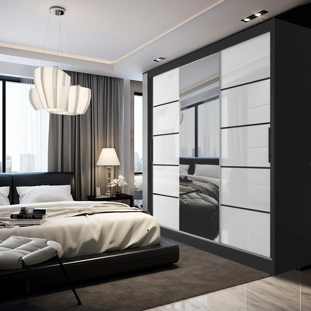 Šatníková skriňa 232 cm Belini čierny mat / biely lesk s posuvnými dverami zrkadlom a zásuvkami MGB SZP8/0/B/2W1L/KLP