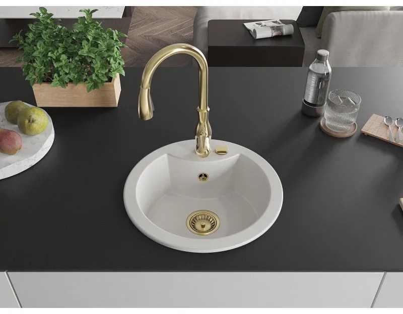Mexen Diego, 1-komorový granitový drez 488x488x167 mm a drezová batéria Savita, biela, 6512-20-672601-50