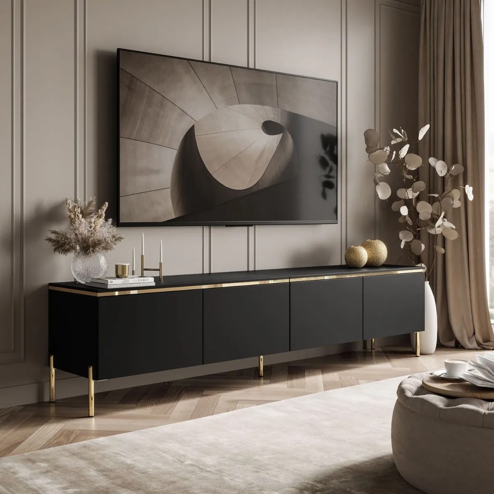 TV STOLÍK NESSIE ART 2 ČIERNY MATNÝ + ZLATÁ LIŠTA 200 cm LED