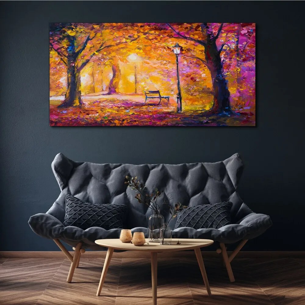 Obraz canvas Lesný park Stromy lampa lavica