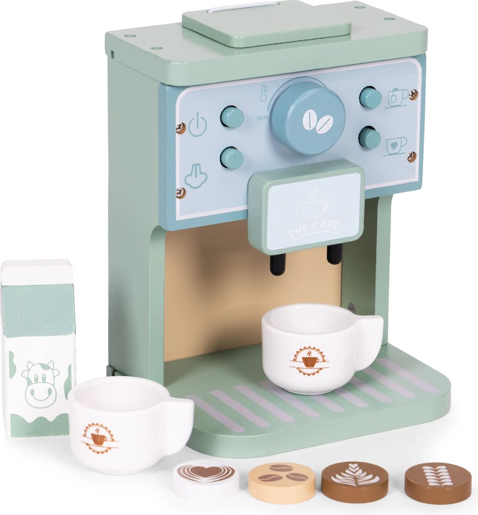 Detský drevený kávovar ECOTOYS – barista set 8 dielov, hra pre deti 3+