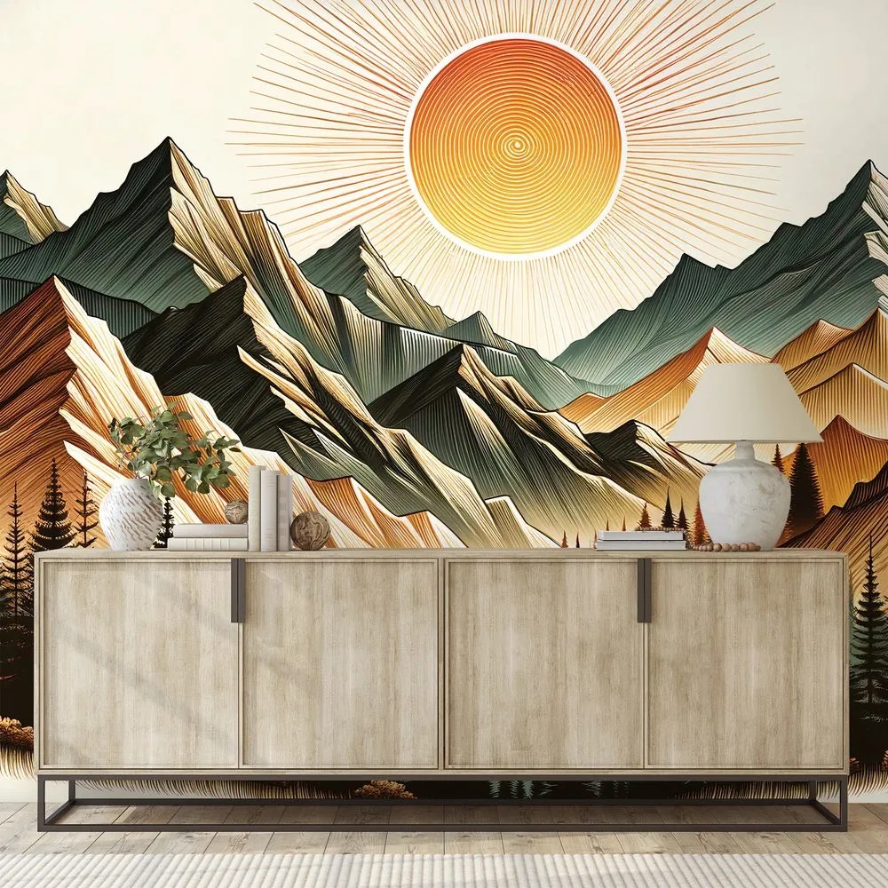 Tapeta horská krajina s vychádzajúcim slnkom