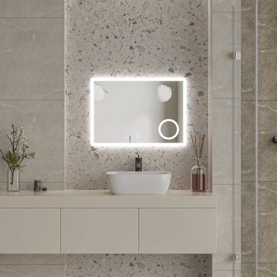 Erga Luna, LED zrkadlo 70x50cm s kozmetickým zrkadlom 3x zväčšenie, 1840 lm, 6500K, predné/zadné osvetlenie, ERG-V01-124-7050-00