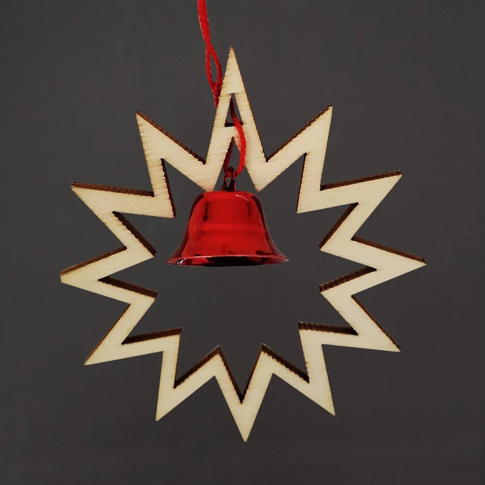 AMADEA Drevená ozdoba hviezda s červeným zvončekom, 7 cm, český výrobok