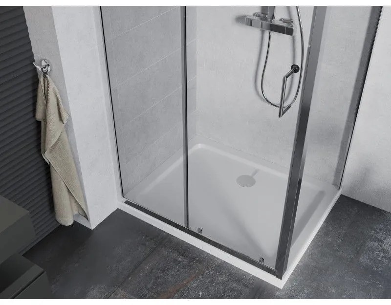 Mexen Apia, sprchový kút s posuvnými dverami 90 (dvere) x 80 (stena) cm, 6mm číre sklo, chrómový profil + slim sprchová vanička 5cm, 840-090-080-01-00-4010