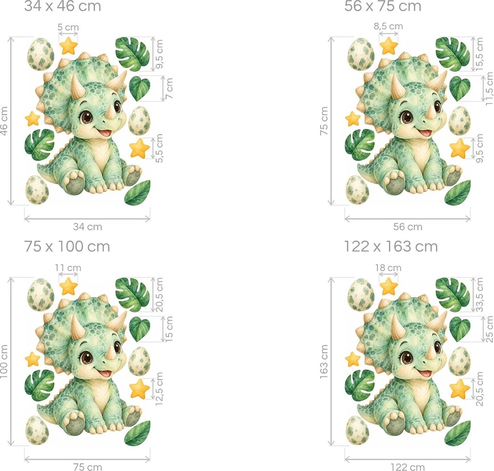 Malý triceratops s vajíčkami akvarelové nálepky na stenu pre malých chlapcov arch 34 x 46 cm