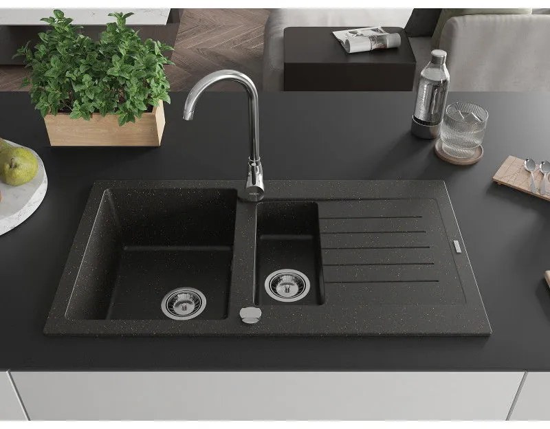 Mexen Matias, granitový drez 900x505x200 mm, 1,5-komorový a chrómová batéria Telma, čierna-zlatá metalíza, 6502-75-670200-00